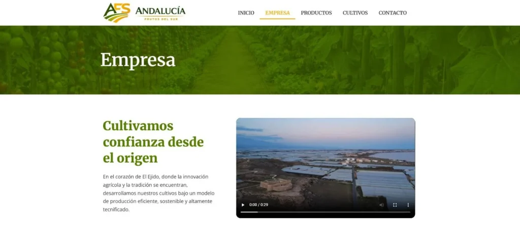 Página de empresa con vídeo de los invernaderos de El Ejido