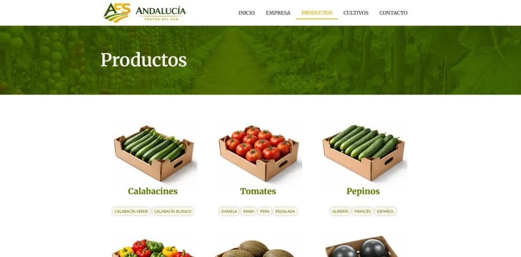 Catálogo de productos con variedades de calabacín, tomate y pepino