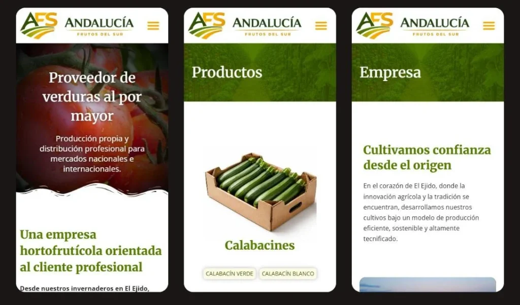 Vistas móviles de la web de Andalucía Frutos del Sur