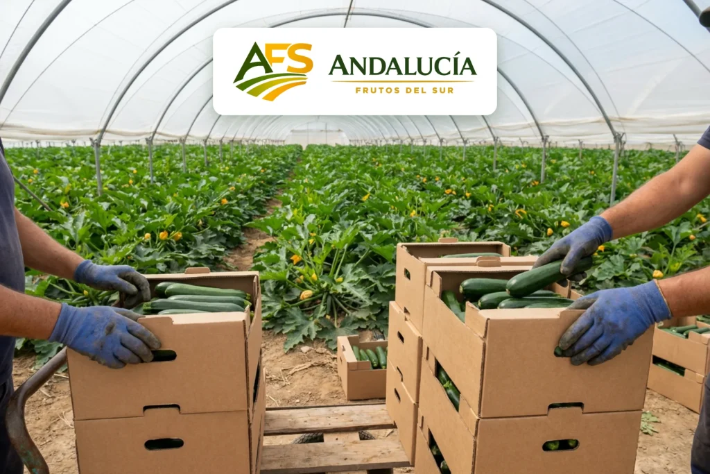 Logotipo de Andalucía Frutos del Sur sobre un invernadero de calabacines en El Ejido con cajas de producto