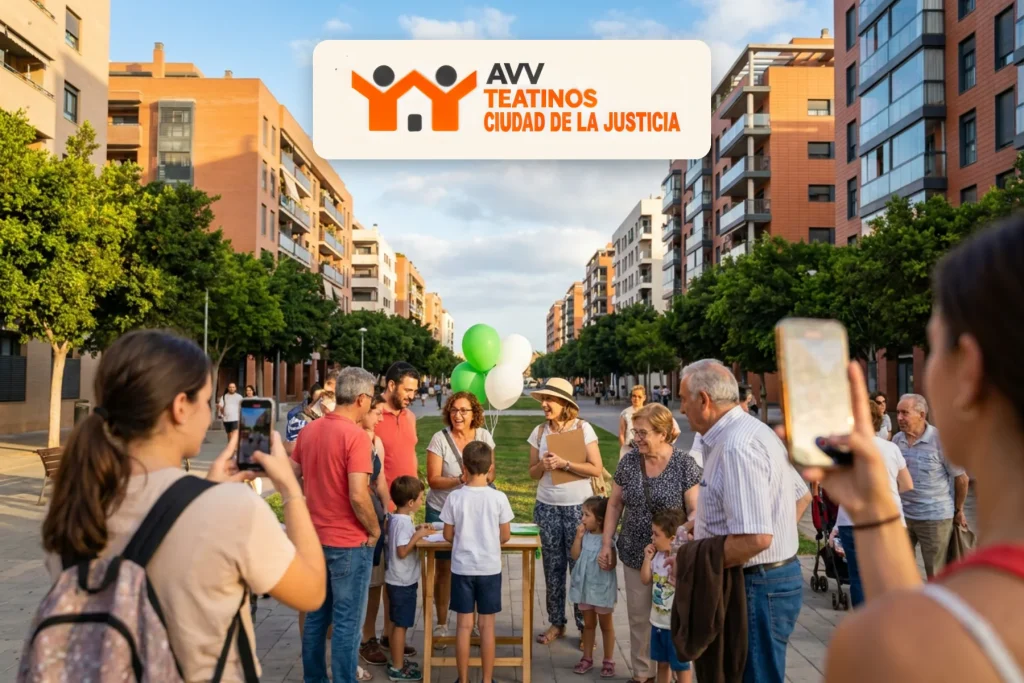Logotipo de la AVV Teatinos Ciudad de la Justicia sobre vecinos en un evento del barrio grabando para redes sociales