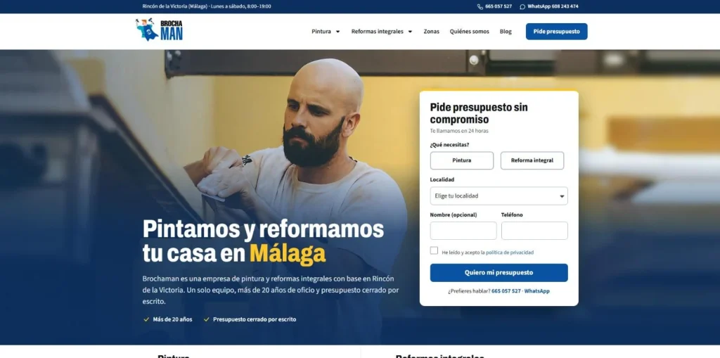 Portada de la web de Brochaman con formulario de presupuesto