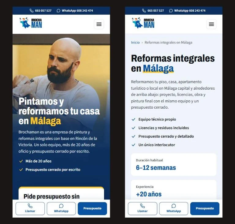 Web de Brochaman en móvil: portada y reformas integrales en Málaga
