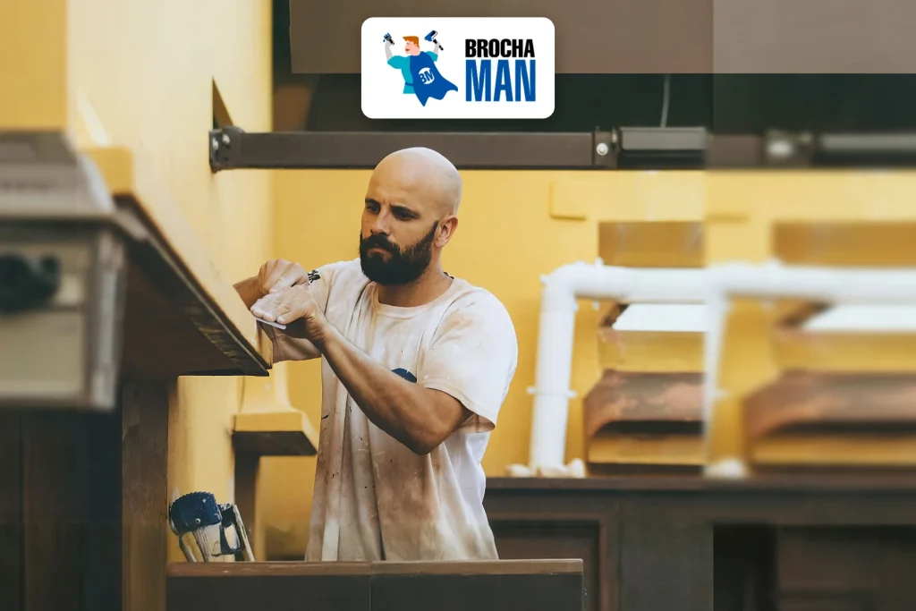 Logotipo de Brochaman sobre un operario lijando carpintería antes de pintar
