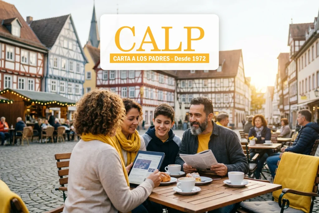 Logotipo de Carta a los Padres sobre una familia hispanohablante leyendo noticias en una plaza de Alemania