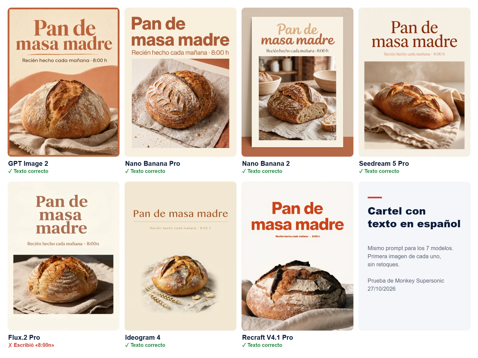 Mosaico con el mismo cartel «Pan de masa madre» generado por siete modelos de IA