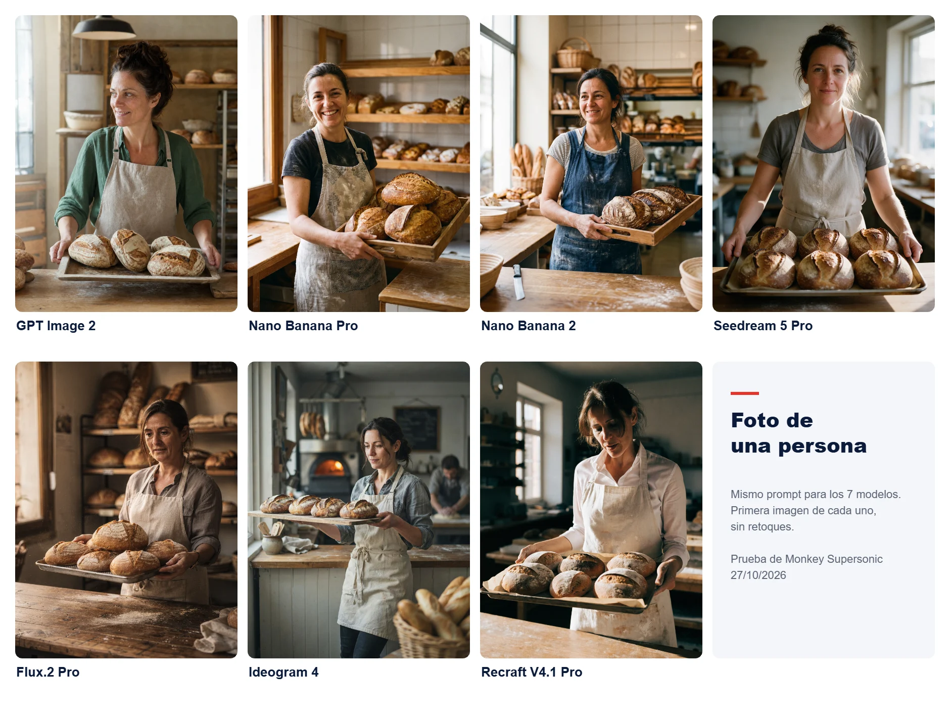 Mosaico con la misma foto de una panadera generada por siete modelos de IA