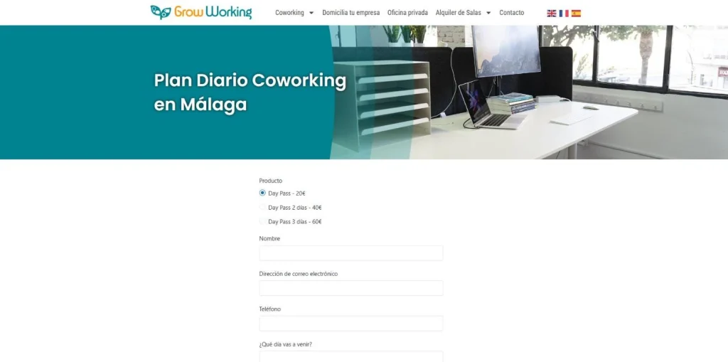 Formulario de compra online del Day Pass de coworking