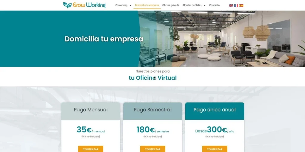 Página de domiciliación de empresas con planes de oficina virtual