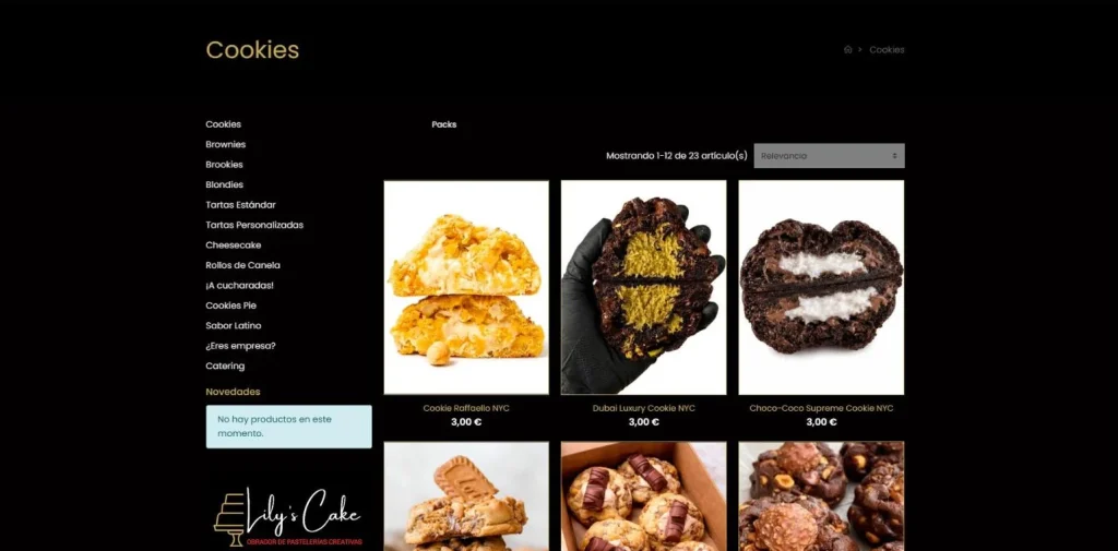 Categoría de cookies con filtros por familia de producto