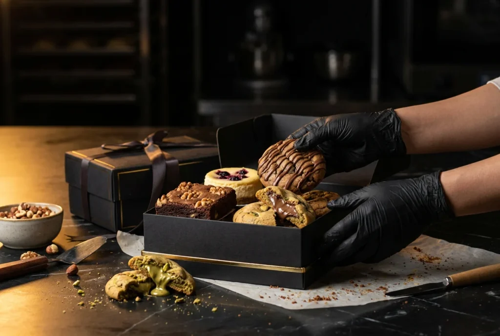 Caja negra con cookies, brownies y cheesecake preparada para un pedido online