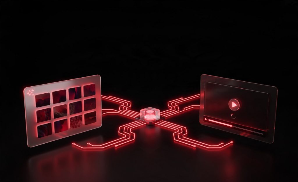 Ilustración de una galería de imágenes y un reproductor de vídeo conectados por circuitos rojos, en representación de los modelos de IA generativa