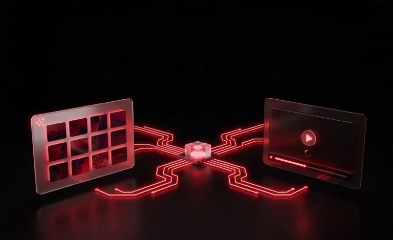 Ilustración de una galería de imágenes y un reproductor de vídeo conectados por circuitos rojos, en representación de los modelos de IA generativa
