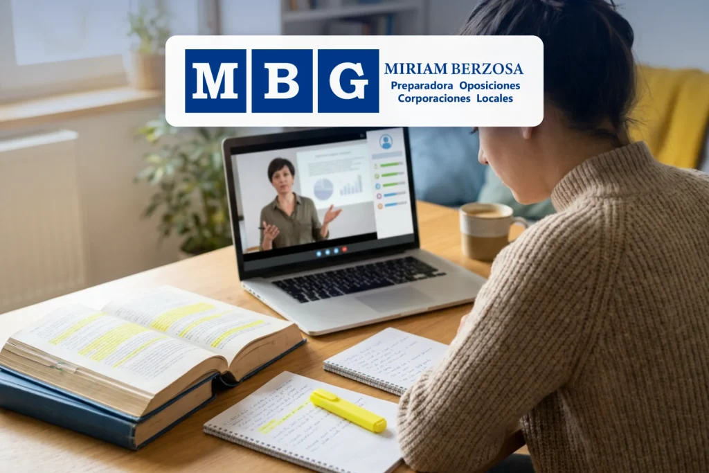 Logotipo de Miriam Berzosa sobre una opositora estudiando con una clase online en el aula virtual