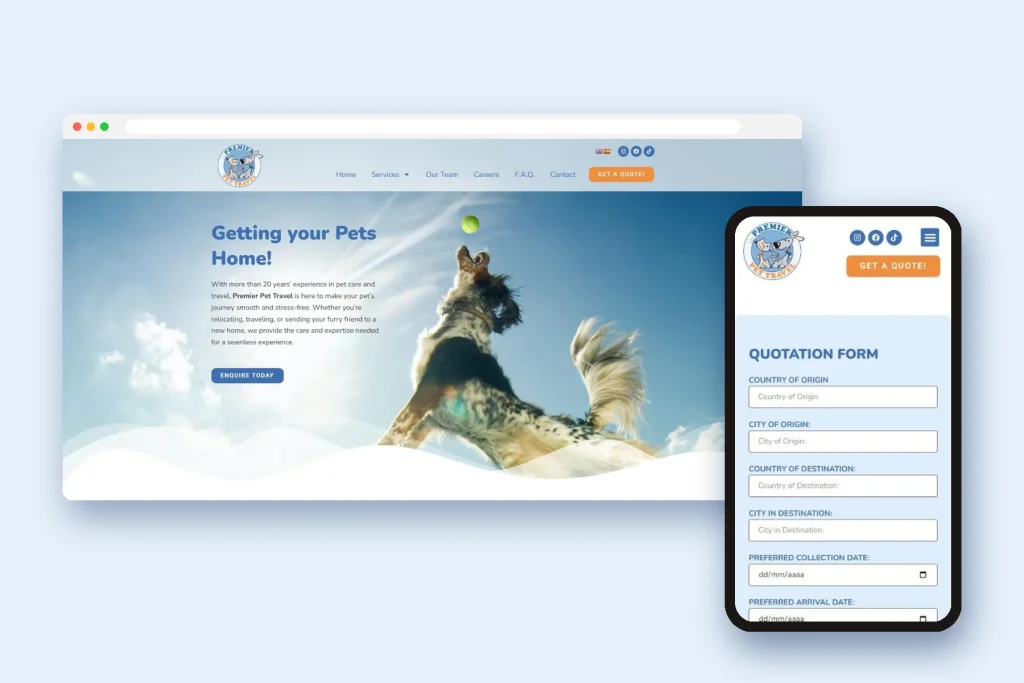 Web de Premier Pet Travel en escritorio y móvil