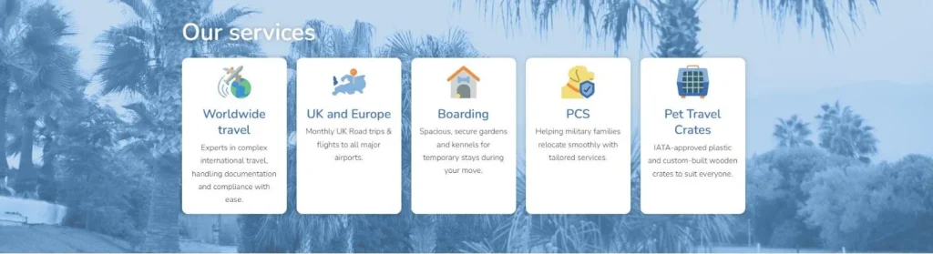 Servicios de transporte internacional, Reino Unido y Europa, residencia, PCS y transportines