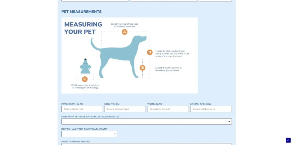 Formulario con guía visual para medir a la mascota y calcular el transportín
