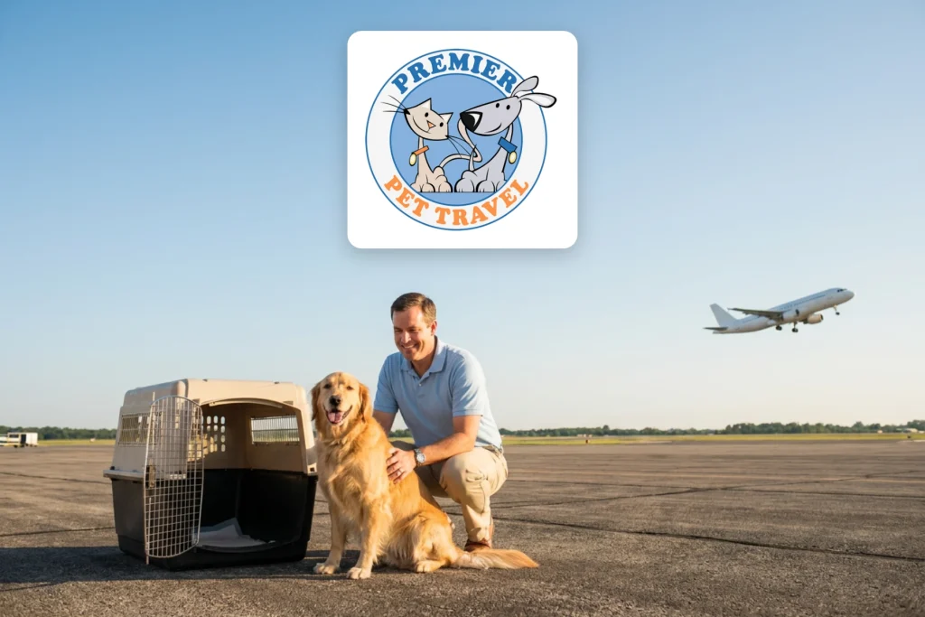 Logotipo de Premier Pet Travel sobre un golden retriever con su transportín y su cuidador en la pista de un aeropuerto