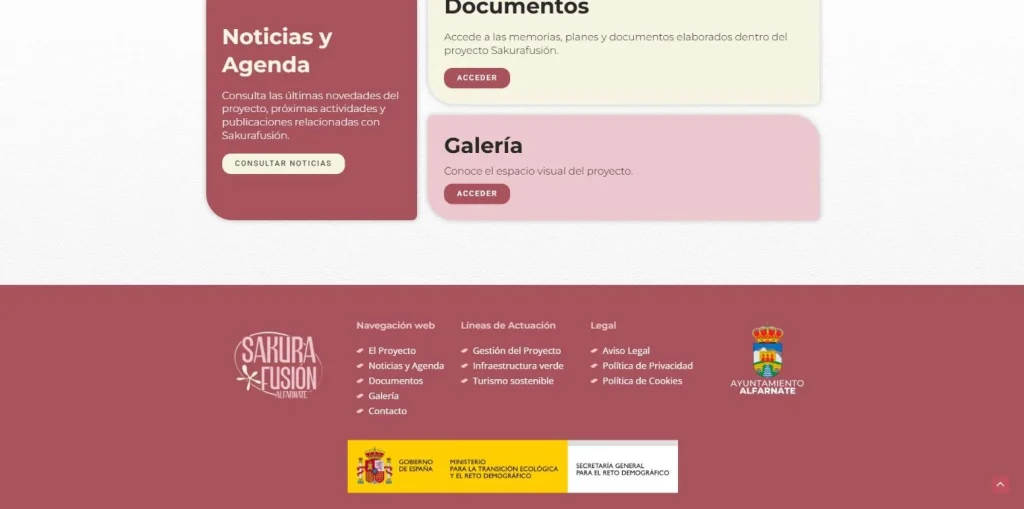 Bloques de noticias, documentos y galería con el pie institucional